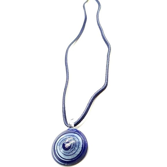 Evil Eye Necklace, Navy Blue Evil Eye Glass Disc Pendant On Black Cord - Picture 11 of 12